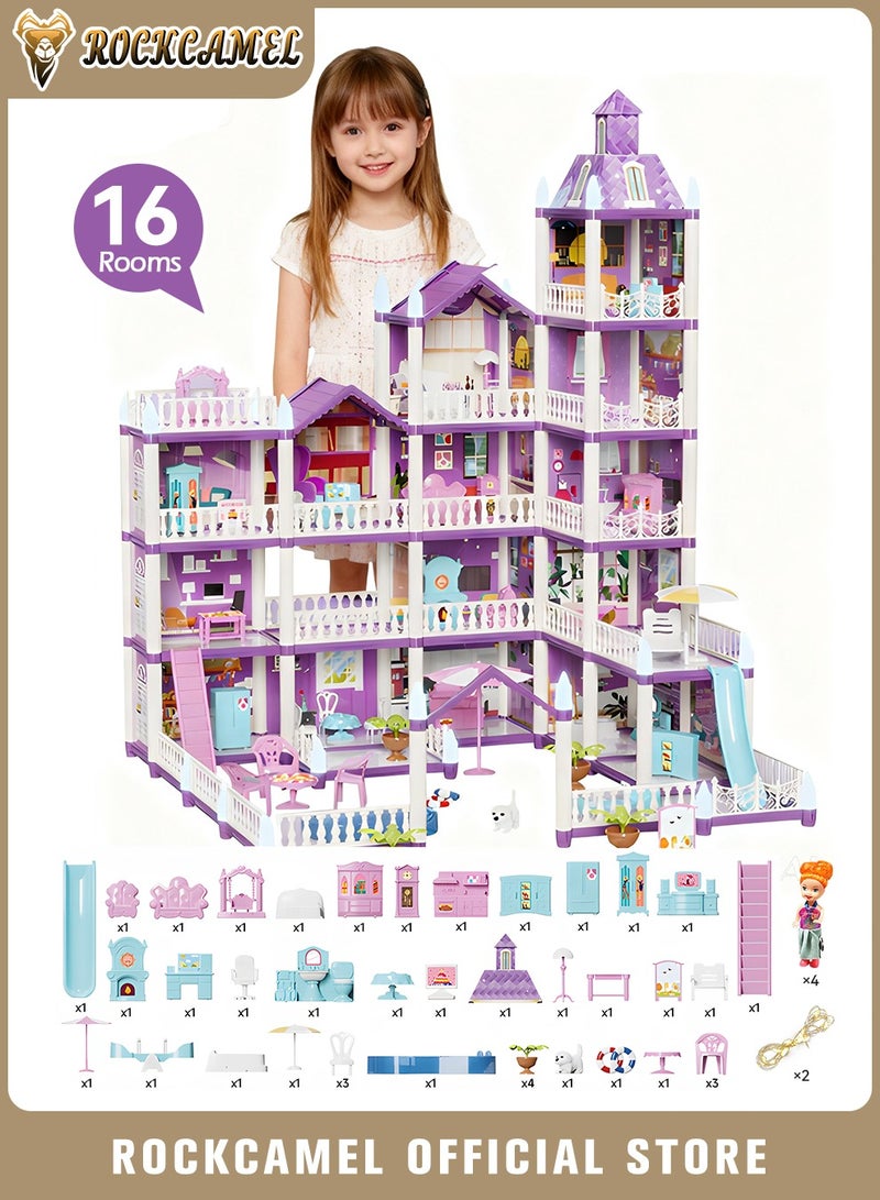 ROCKCAMEL Doll House Kit with Lights, 16 Room DIY Dream House with 4 Dolls Toy Figures, Furniture and Accessories Set, Pretend-Play DIY Dollhouse Kit, Girls DIY Ideas Gifts (Purple) - Image 1