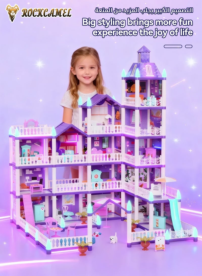 ROCKCAMEL Doll House Kit with Lights, 16 Room DIY Dream House with 4 Dolls Toy Figures, Furniture and Accessories Set, Pretend-Play DIY Dollhouse Kit, Girls DIY Ideas Gifts (Purple) - Image 2