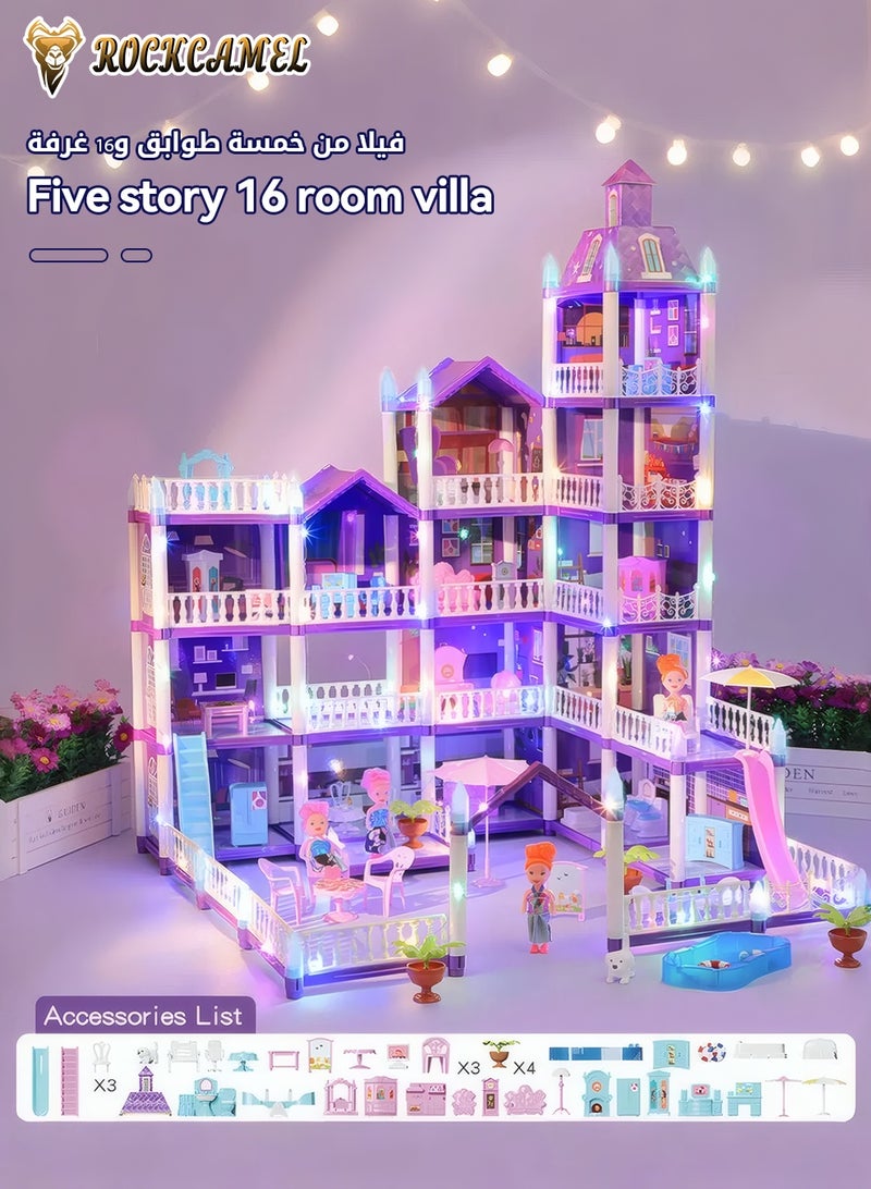ROCKCAMEL Doll House Kit with Lights, 16 Room DIY Dream House with 4 Dolls Toy Figures, Furniture and Accessories Set, Pretend-Play DIY Dollhouse Kit, Girls DIY Ideas Gifts (Purple) - Image 5