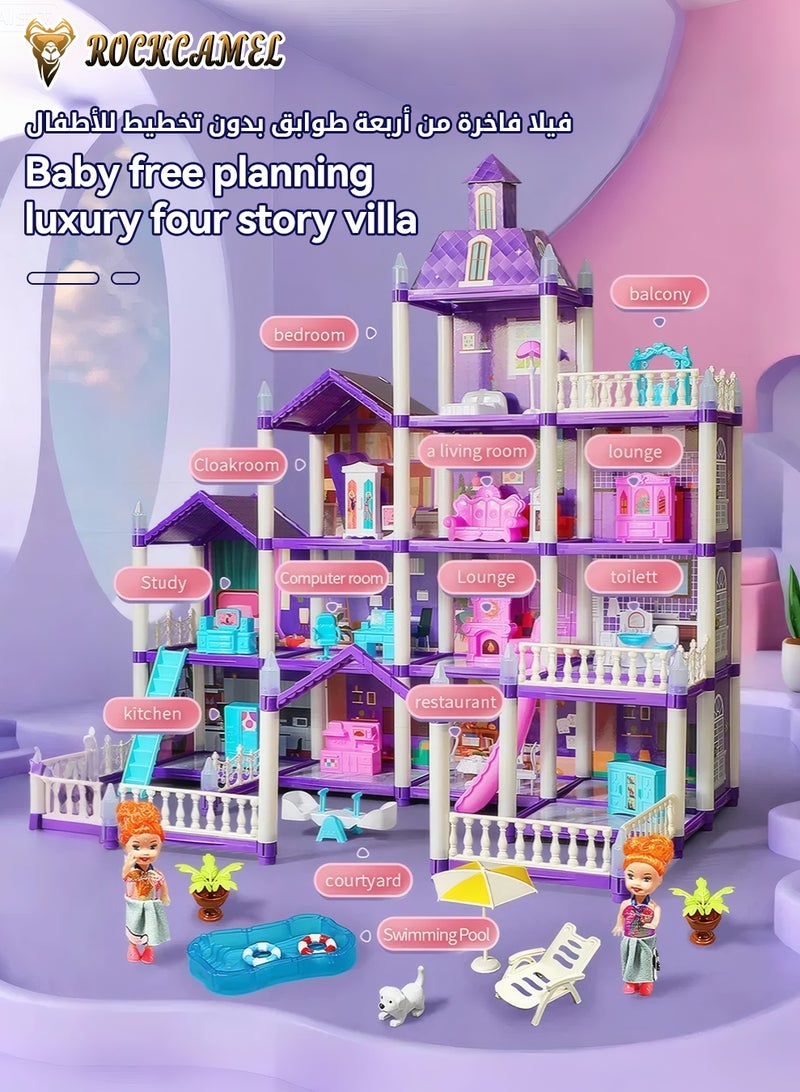 ROCKCAMEL Doll House Kit with Lights, 16 Room DIY Dream House with 4 Dolls Toy Figures, Furniture and Accessories Set, Pretend-Play DIY Dollhouse Kit, Girls DIY Ideas Gifts (Purple) - Image 3