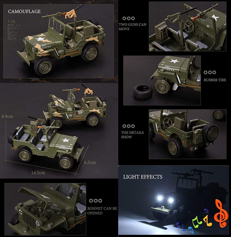 Magicwand 1:32 Scale Die-Cast Metal 1942 Willlys Jeeep with Openable Bonnet,Music,Lights & Pull Back Action【Pack of 1】【Multi-Colored】 - Image 2