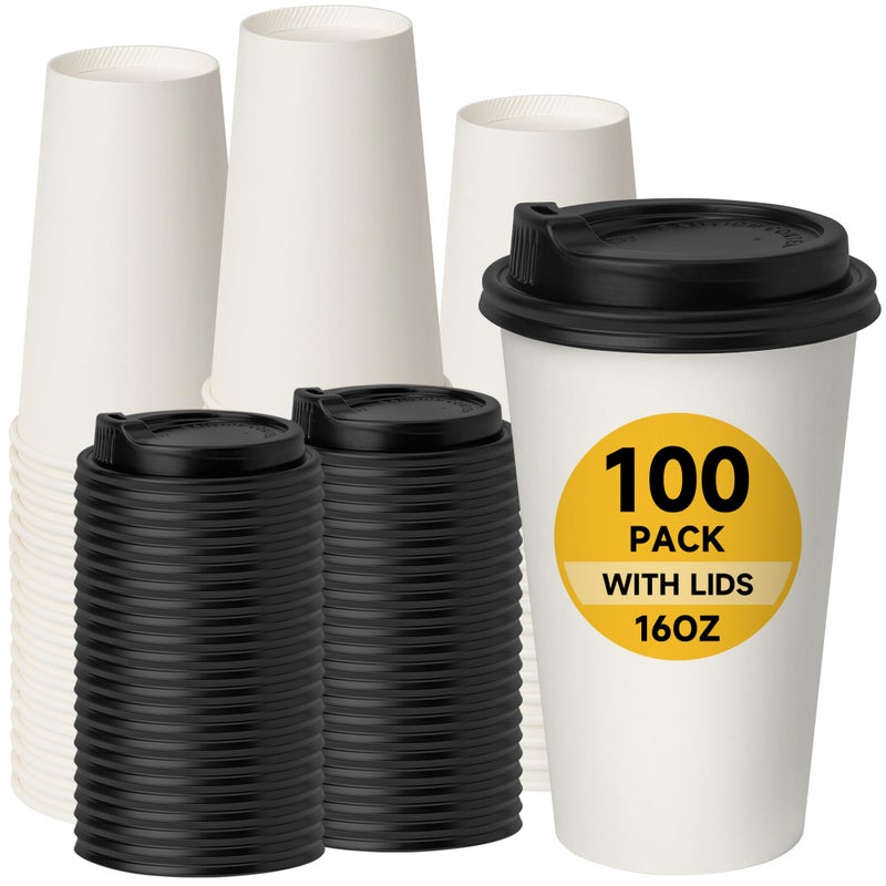 RACETOP [100 pack] Disposable Coffee Cups with Lids 16 oz, Hot Paper Cups with Lids, To Go Cup with Lid - Image 1
