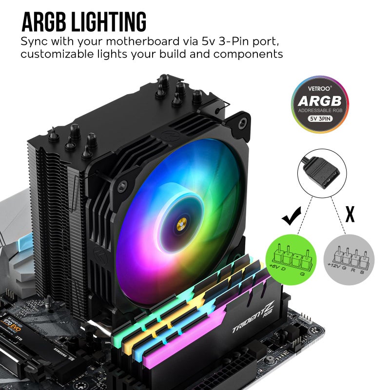 Vetroo V5 CPU Air Cooler with 5 Heat Pipes 120mm FDB PWM Processor Cooling for Intel LGA 1851/1700/1200/115X AMD AM5/AM4, Addressable RGB Lights Sync - Black - Image 3