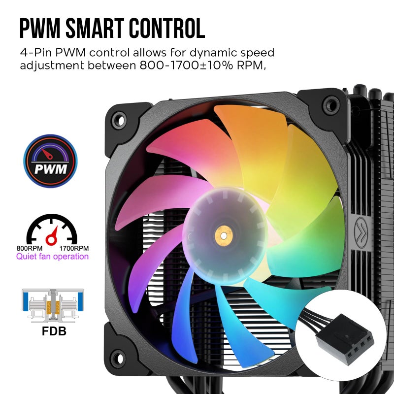 Vetroo V5 CPU Air Cooler with 5 Heat Pipes 120mm FDB PWM Processor Cooling for Intel LGA 1851/1700/1200/115X AMD AM5/AM4, Addressable RGB Lights Sync - Black - Image 4