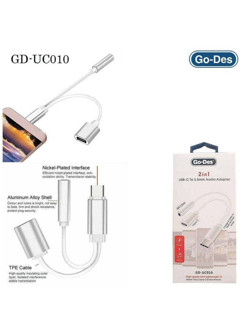 GO-DES GD-UC010 2-in-1 USB-C to 3.5mm Audio Adapter – High-Quality Audio Output with Fast Charging Support for USB-C Devices – Durable & Portable Adapter for Smartphones, Tablets, and More - Image 3