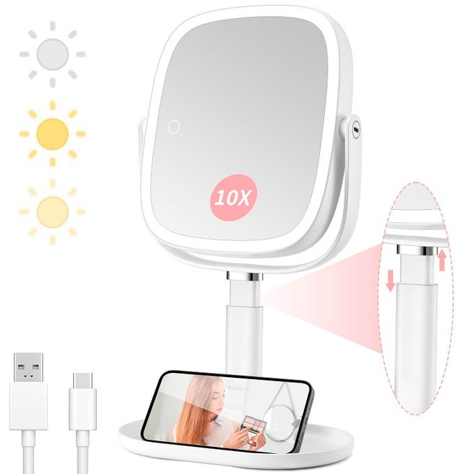 MAGNIFYING MAKEUP MIRROR WITH LIGHT LARGE 1X10X VANITY MIRROR RECHARGEABLE 3 COLOR LIGHTING MODES ADJUSTABLE STAND 360ROTATION AND DETACHABLE DESK MIRROR FOR DESKTOP MAKEUP