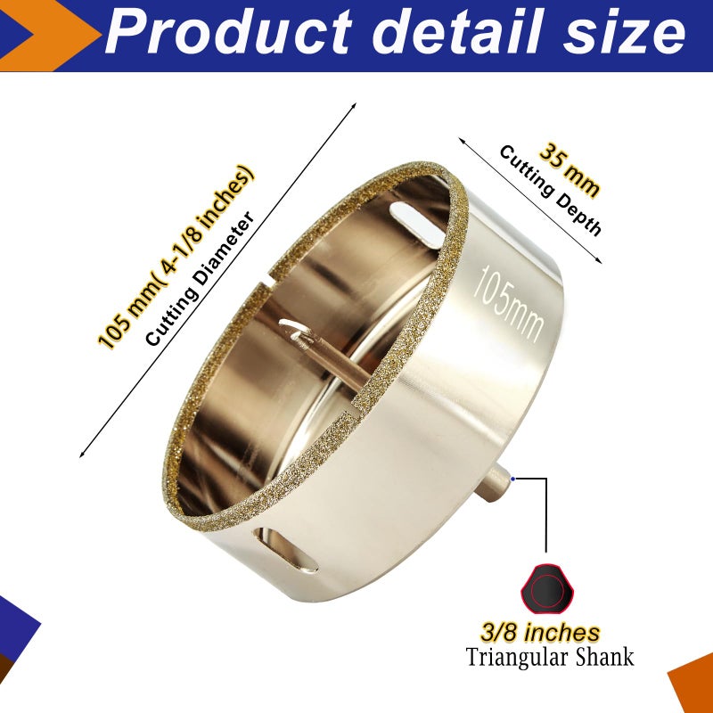 DaduoRi 4 1/8 Inch (105mm) Diamond Hole Saw with Pilot Bit-Suitable for 4" Tile Hole, Easy for Porcelain Tile, Granite, Ceramic, Marble, Glass, Stones, 4 1/8" Tile Hole Saw,1 3/8" Drilling Depth - Image 3