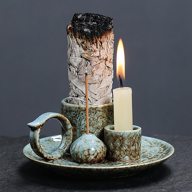 YIENENG 4 in 1 Ceramic Incense Burner Holder with Handle for Burning Sage, Palo Santo Stick, Joss Sticks, Candle in Your New House, Office, Yoga, Meditation Room (Speckled Blue) - Image 2