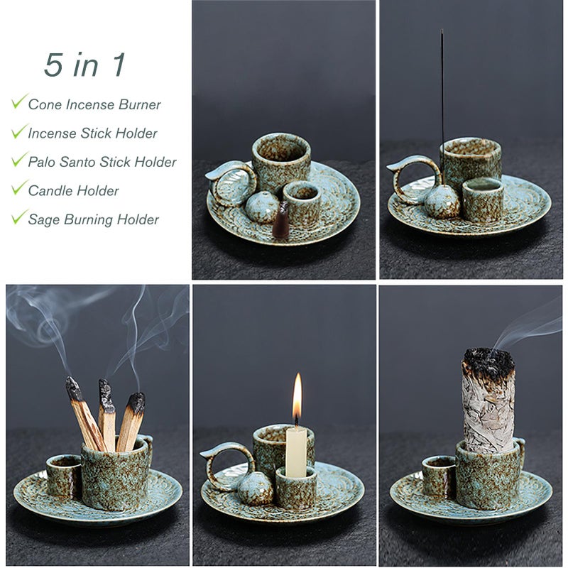 YIENENG 4 in 1 Ceramic Incense Burner Holder with Handle for Burning Sage, Palo Santo Stick, Joss Sticks, Candle in Your New House, Office, Yoga, Meditation Room (Speckled Blue) - Image 3