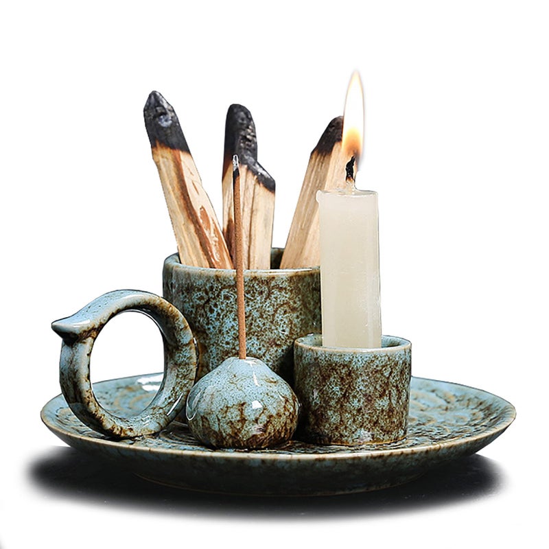 YIENENG 4 in 1 Ceramic Incense Burner Holder with Handle for Burning Sage, Palo Santo Stick, Joss Sticks, Candle in Your New House, Office, Yoga, Meditation Room (Speckled Blue) - Image 1