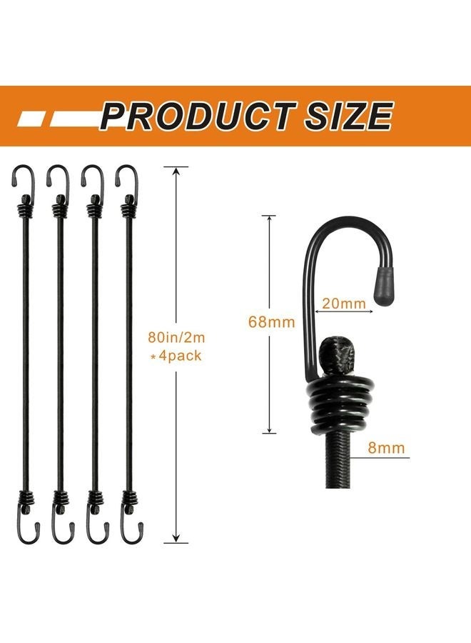 HOMESTAR Bungee Cords with Hooks 2m Long, Heavy Duty Outdoor Elastic Bungee Straps, No Odour Industrial Grade Bungee Rope for Securing Tarps, Luggage, Tents, Bikes or Garden Tidying 80inch 4Pcs (Black) - Image 2