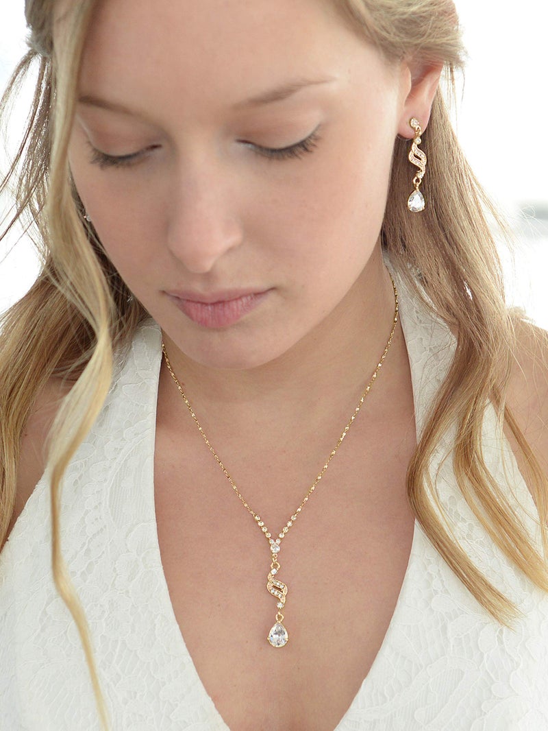 Mariell Gold Cubic Zirconia Prom Jewelry Set, Necklace & Earrings Set for Weddings, Brides, Bridesmaids - Image 2