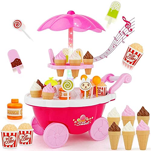 LONGMIRE Plastic Luxury Sweet Shop Cart for Kids, 39 Pcs Ice Cream Kitchen Set Cart with Music & Led Lights | Ice Cream Kitchen Set Toys for Kids (Ice Cream -25) - Image 1
