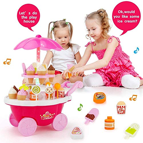 LONGMIRE Plastic Luxury Sweet Shop Cart for Kids, 39 Pcs Ice Cream Kitchen Set Cart with Music & Led Lights | Ice Cream Kitchen Set Toys for Kids (Ice Cream -25) - Image 3