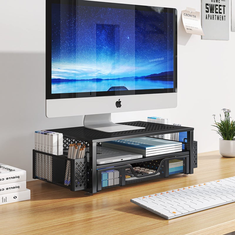 Simple Trending 2 Tier Metal Monitor Stand Monitor riser and Computer Desk Organizer with Drawer and Pen Holder for Laptop, Computer, iMac, Black - Image 4