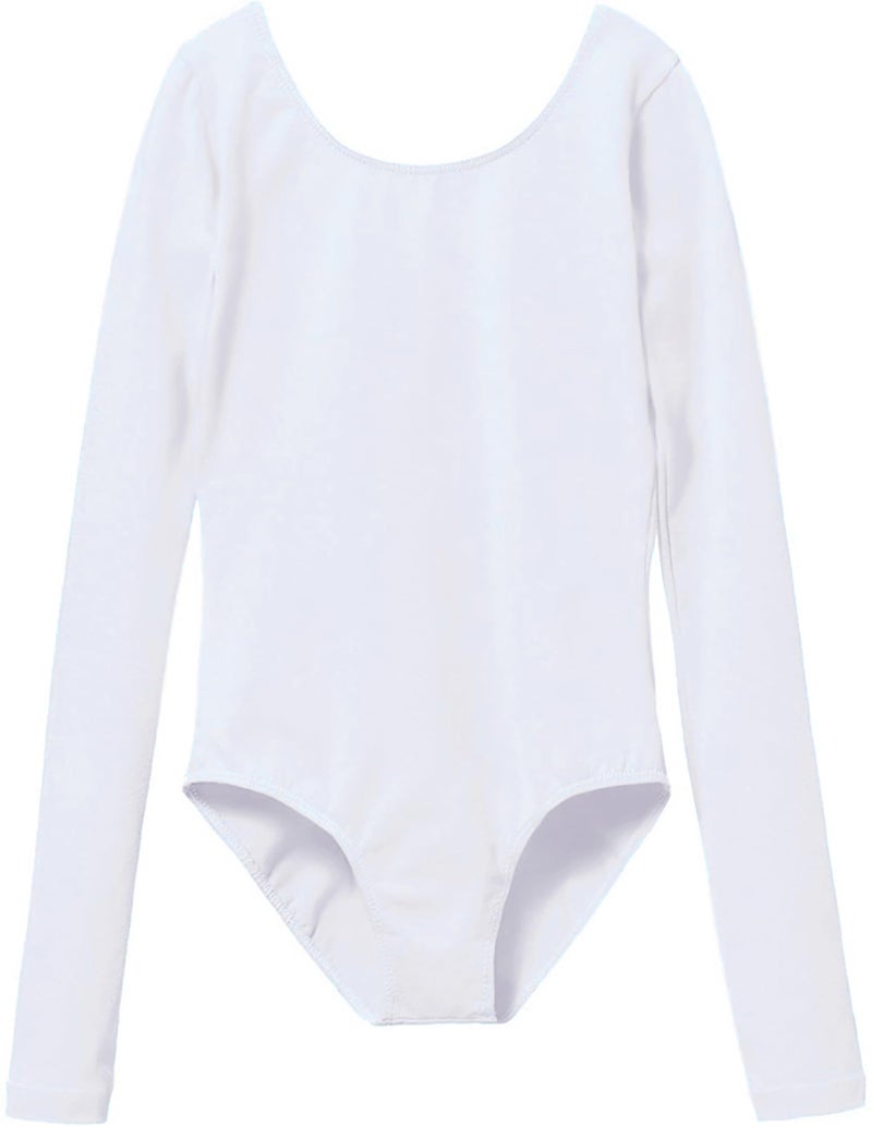 MdnMd Classic Long Sleeve Basic Ballet Dance Gymnastic Leotard for Girls Kids Bodysuit (White, AM19, Age 8-10) - Image 1