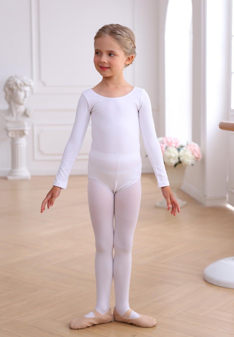 MdnMd Classic Long Sleeve Basic Ballet Dance Gymnastic Leotard for Girls Kids Bodysuit (White, AM19, Age 8-10) - Image 3