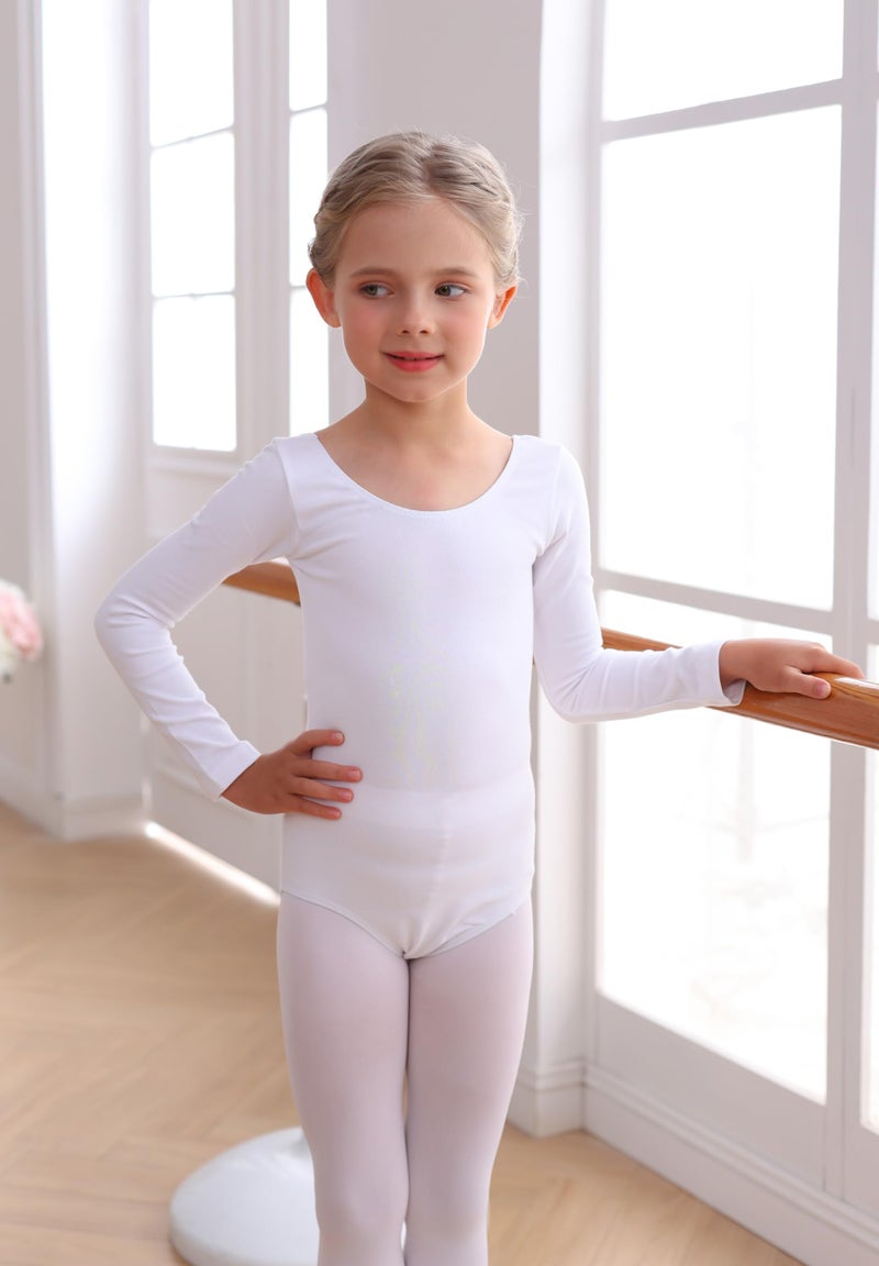 MdnMd Classic Long Sleeve Basic Ballet Dance Gymnastic Leotard for Girls Kids Bodysuit (White, AM19, Age 8-10) - Image 4