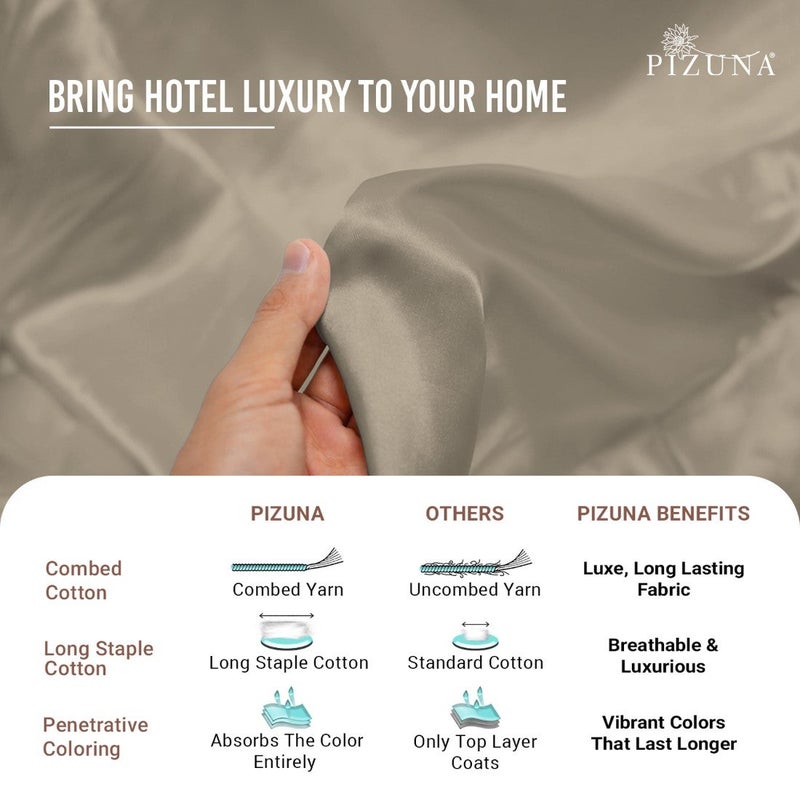 Pizuna Pure Combed Cotton Single Bed Fitted Sheet 90x200 cm, Simply Taupe, 400 Thread Count Cool Luxury Soft 100% Long Staple Cotton Sateen Weave, 40cm Deep Pocket Bedsheet with 1 Pillowcase - Image 5