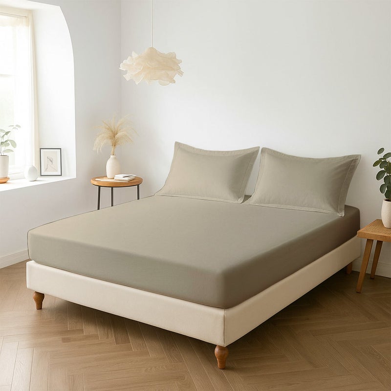 Pizuna Pure Combed Cotton Single Bed Fitted Sheet 90x200 cm, Simply Taupe, 400 Thread Count Cool Luxury Soft 100% Long Staple Cotton Sateen Weave, 40cm Deep Pocket Bedsheet with 1 Pillowcase - Image 1