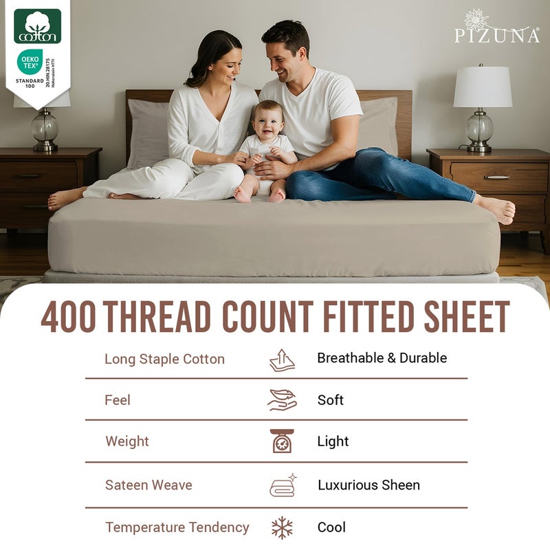 Pizuna Pure Combed Cotton Single Bed Fitted Sheet 90x200 cm, Simply Taupe, 400 Thread Count Cool Luxury Soft 100% Long Staple Cotton Sateen Weave, 40cm Deep Pocket Bedsheet with 1 Pillowcase - Image 2
