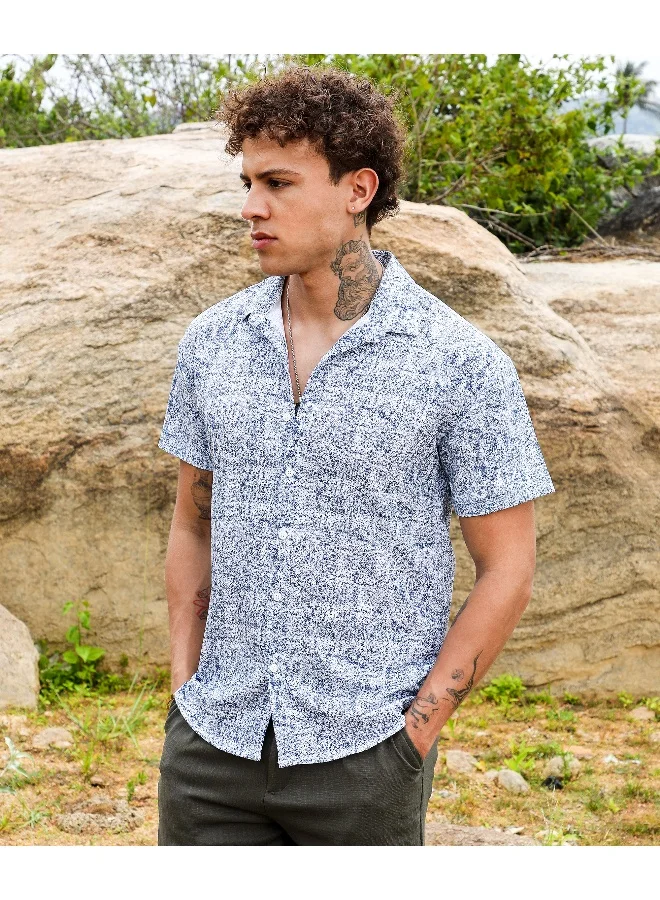 CAHOOT  Men's Cream White & Indigo Blue Contrast Hazy Shirt For Casual Wear | Spread Collar | Short Sleeve | Button Closure | Shirt Crafted With Comfort Fit For Everyday Wear for Men | Best Price UAE