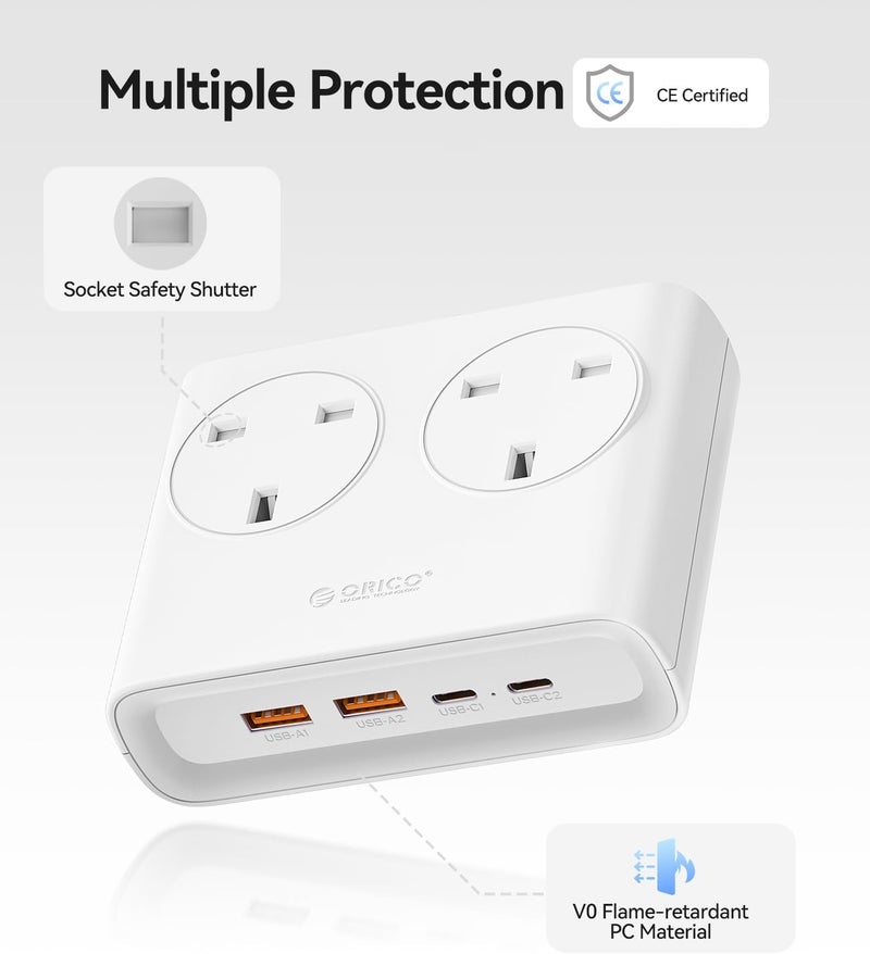 Orico PD 20W Extension Lead with USB Slots, 2 Way Extension Socket with 2 USB C and 2 USB A, 1.6m Extension Cable, 13A 3250W Desk Power Strip for Bedroom Office Accessories-White - Image 5