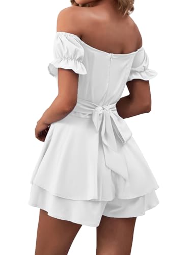 LYANER Women's Off the Shoulder Wrap Tie Up Back Ruffle Trim Short Sleeve Romper Short Jumpsuit White Small - Image 5