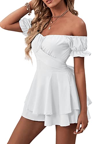 LYANER Women's Off the Shoulder Wrap Tie Up Back Ruffle Trim Short Sleeve Romper Short Jumpsuit White Small - Image 3