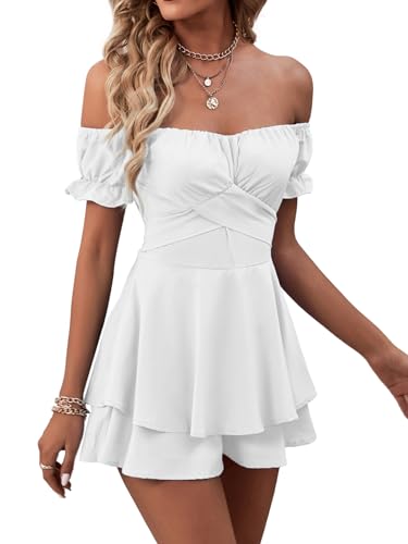 LYANER Women's Off the Shoulder Wrap Tie Up Back Ruffle Trim Short Sleeve Romper Short Jumpsuit White Small - Image 4