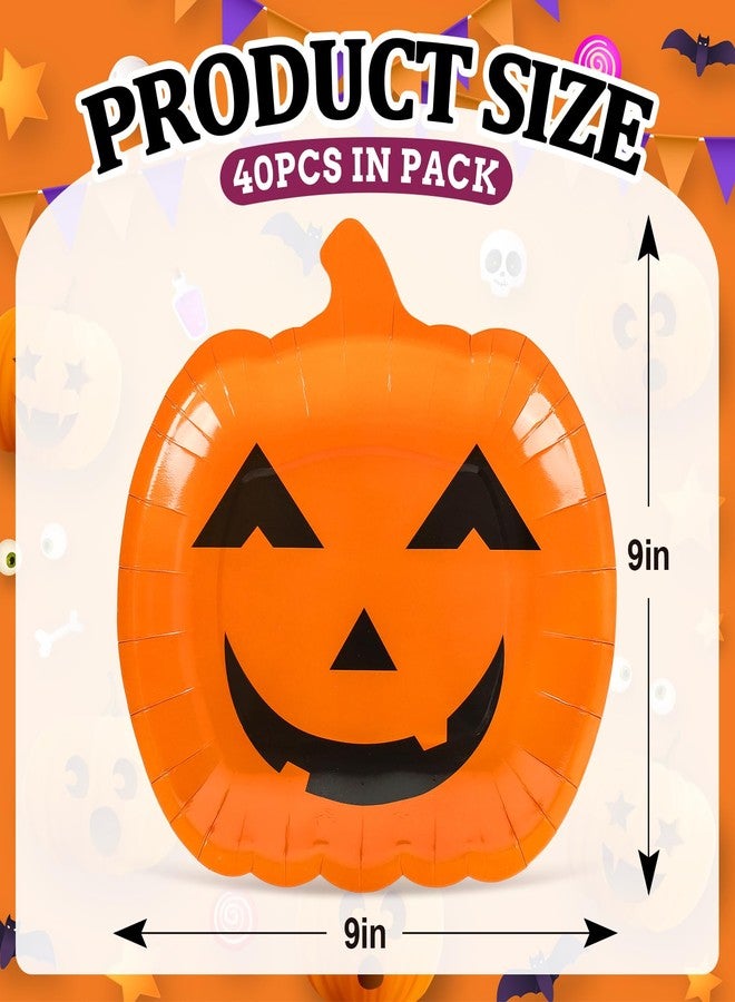 Whaline أطباق ورقية هالوين 40 قطعة وجه اليقطين البرتقالي أطباق قابلة للتصرف 9 بوصة أطباق زينة اليقطين للاحتفال بعيد الهالوين عيد الميلاد زينة الطاولة لوازم الحفلات - Image 2