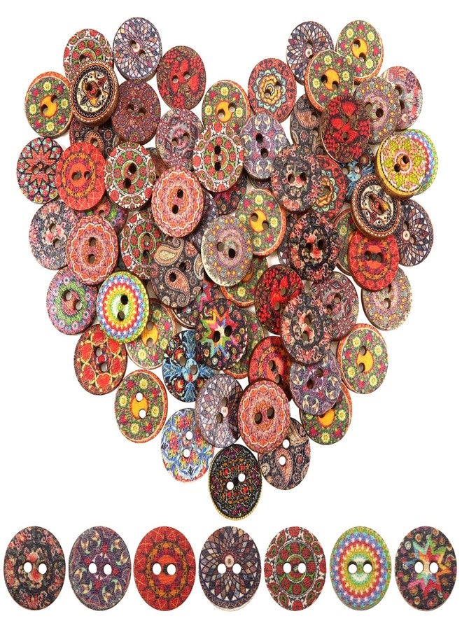 TUUXI 100 Pcs Wooden Buttons for Sewing Crafts Clothes Bags Sewing Buttons Painted Flower Colorful Patterns 0.6 in - Image 1