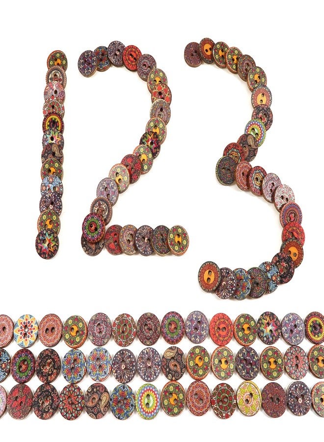 TUUXI 100 Pcs Wooden Buttons for Sewing Crafts Clothes Bags Sewing Buttons Painted Flower Colorful Patterns 0.6 in - Image 4