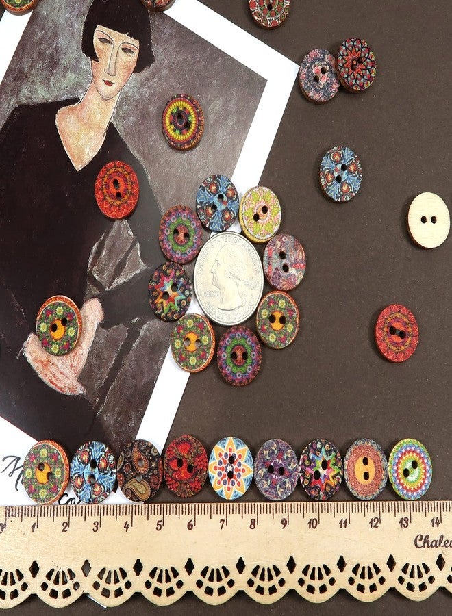 TUUXI 100 Pcs Wooden Buttons for Sewing Crafts Clothes Bags Sewing Buttons Painted Flower Colorful Patterns 0.6 in - Image 5