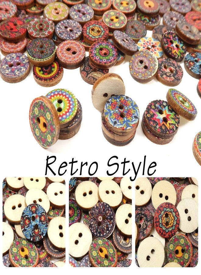 TUUXI 100 Pcs Wooden Buttons for Sewing Crafts Clothes Bags Sewing Buttons Painted Flower Colorful Patterns 0.6 in - Image 3