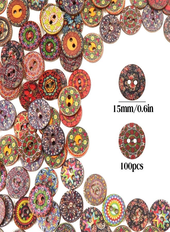 TUUXI 100 Pcs Wooden Buttons for Sewing Crafts Clothes Bags Sewing Buttons Painted Flower Colorful Patterns 0.6 in - Image 2