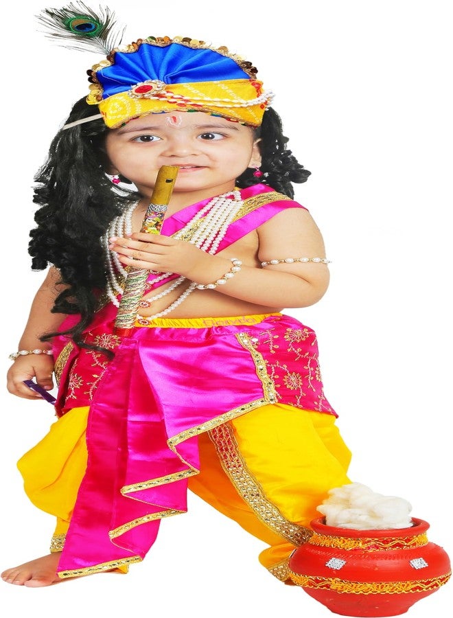 Sarvda Brocade Shree Krishna Dress For Kids For Baby Boy Radha Dress For Girls With Accessories Dhoti, Dupatta, Mukut Flute Complete Set, Multicolor - Image 1