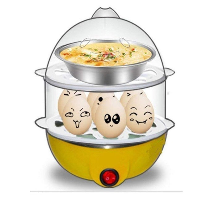 ELECTRIC 2 LAYER EGG BOILER POACHER COMPACT STYLISH 14 EGG COOKER WITH MEASURING CUP STEEL BOWL