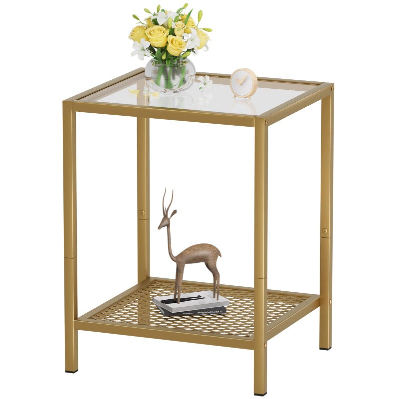 SAYGOER طاولة جانبية زجاجية صغيرة SAYGOER طاولة ذهبية لنطاق ضيق 2 طبقة طاولة مربعة ليلية مع تخزين 133 × 118 × 197 طاولة جانبية حديثة مع إطار معدني لغرفة النوم أو غرفة المعيشة سهلة التجميع