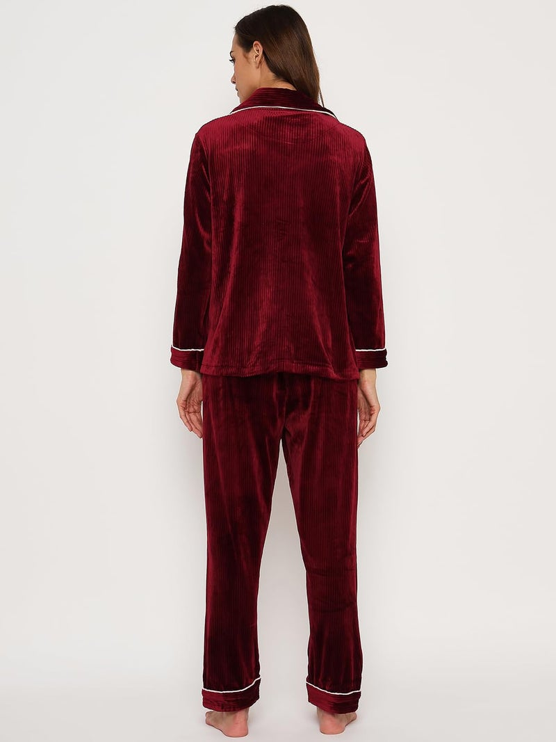 CAMEY Women's Winter Velvet Full Sleeve Shirt and Pajama Pants Regular Fit Night Suit Shirt Collor Top and Pyjama Set Ladies Night Dress (Plus Size, Maroon, 3XL) - Image 5