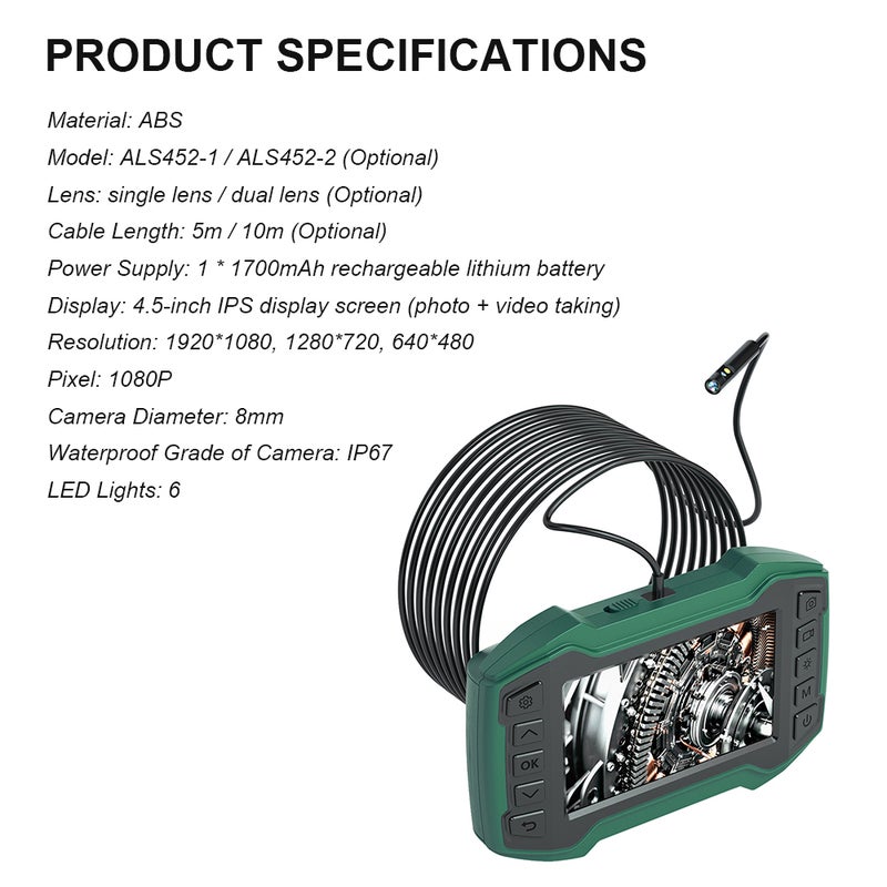 Endoscope with Dual Lens 4.5-Inch IPS Display 200W Pixel 1080P High Definition Electronic Camera Video Picture Taking 6 LED lights 10 Meters Cable for Pipeline Vehicle Inspection - Image 5