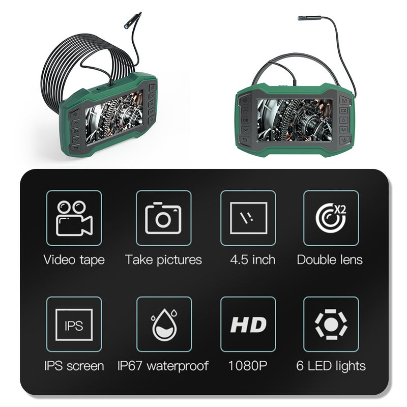 Endoscope with Dual Lens 4.5-Inch IPS Display 200W Pixel 1080P High Definition Electronic Camera Video Picture Taking 6 LED lights 10 Meters Cable for Pipeline Vehicle Inspection - Image 2