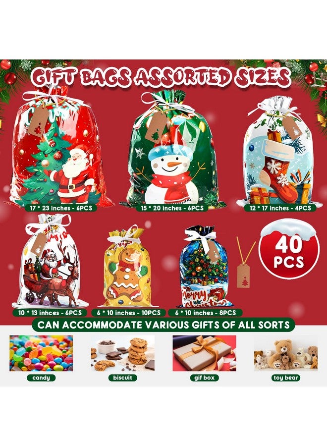 AURUZA 40Packs Christmas Drawstring Gift Bags - Assorted Sizes From Small To Jumbo, Christmas Gift Bags With Colorful Designs & Tags, Ideal For Christmas Wrapping & Christmas Decorations Party Favors - Image 2