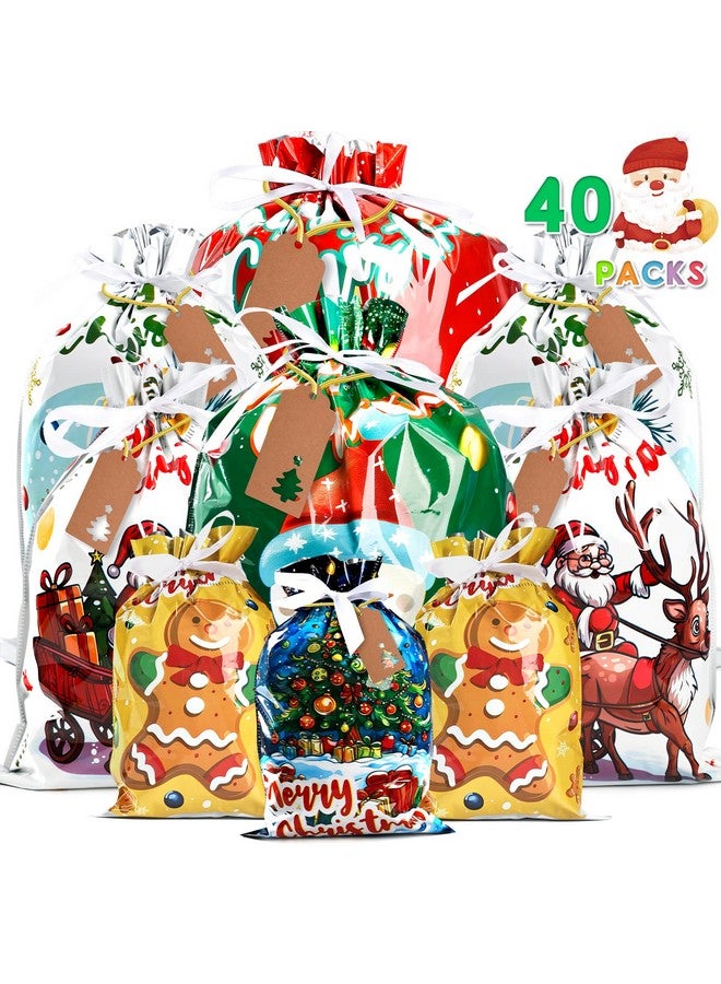 AURUZA 40Packs Christmas Drawstring Gift Bags - Assorted Sizes From Small To Jumbo, Christmas Gift Bags With Colorful Designs & Tags, Ideal For Christmas Wrapping & Christmas Decorations Party Favors - Image 1