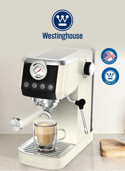 Westinghouse Espresso Coffee Maker – 20 Bar Pressure, Stainless Steel, Built-in Pressure Gauge (WKCMMH1665) - Elegant stainless steel espresso machine with real-time pressure control and steam wand for barista-style drinks at home.