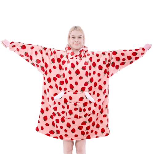 NORD ECO Wearable Blanket Hoodie for Adult Women Oversized Sherpa Fleece Hooded Sweatshirt Blanket Cozy Blanket Hoodie with Sleeves Blanket Hoodie for Winter Gift Pink Strawberry