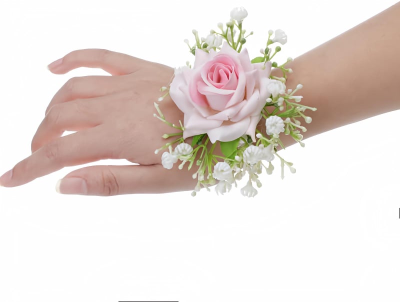 Guqqeuc Corsage Wristlet for Bridesmaid Rose Hand Flower for Prom Wedding Decor Pink Flower Wrist Corsage Bracelets for Wedding Accessories for Flowergirl
