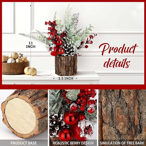 KPX Small Christmas Tree Tabletop Artificial Mini Christmas Tree Decorations with Holiday Ornaments Red Berry Pine Cone Greenery for Home Indoor Fireplace Mantel Xmas Decor (Tree Stump-Red) - Image 3
