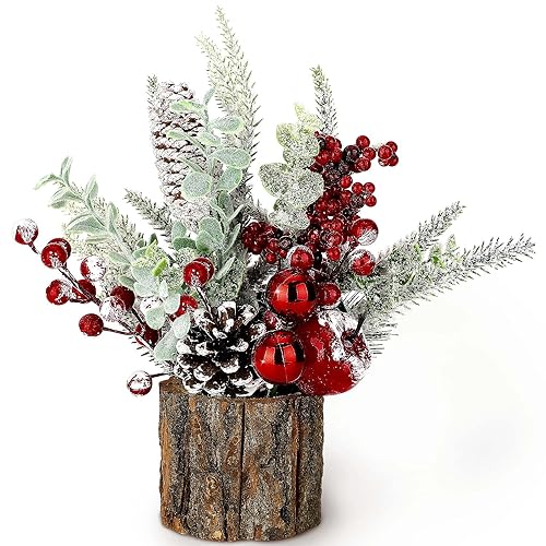 KPX Small Christmas Tree Tabletop Artificial Mini Christmas Tree Decorations with Holiday Ornaments Red Berry Pine Cone Greenery for Home Indoor Fireplace Mantel Xmas Decor (Tree Stump-Red) - Image 1