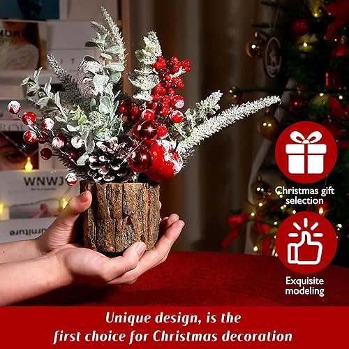KPX Small Christmas Tree Tabletop Artificial Mini Christmas Tree Decorations with Holiday Ornaments Red Berry Pine Cone Greenery for Home Indoor Fireplace Mantel Xmas Decor (Tree Stump-Red) - Image 2